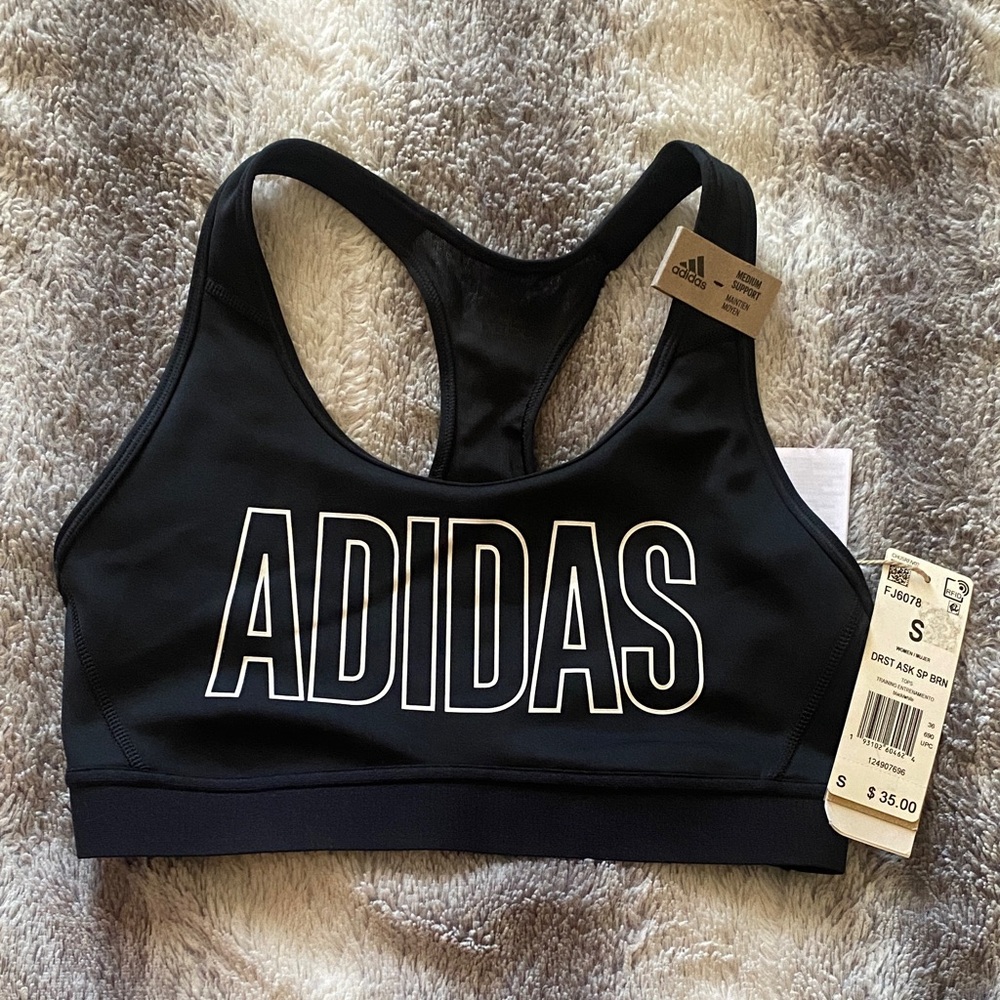 4/$30 adidas Black Sports Bra with White Bold Logo - Picture 1 of 3